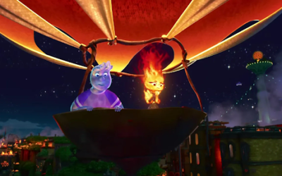 A scene from elemental featuring two characters in a hot air balloon.